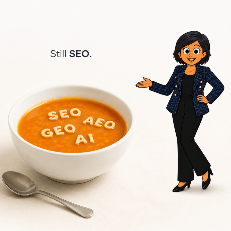 SEO, AEO, GEO and AI shown as alphabet soup to explain that AI search optimisation still relies on SEO foundations