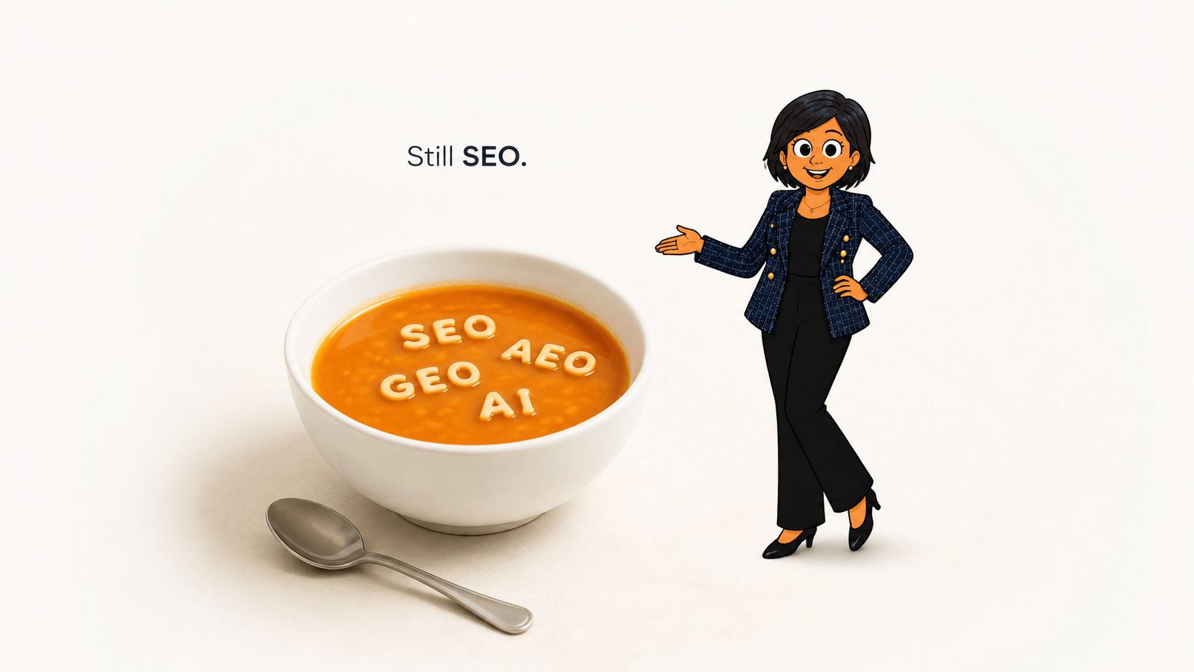 SEO, AEO, GEO and AI shown as alphabet soup to explain that AI search optimisation still relies on SEO foundations